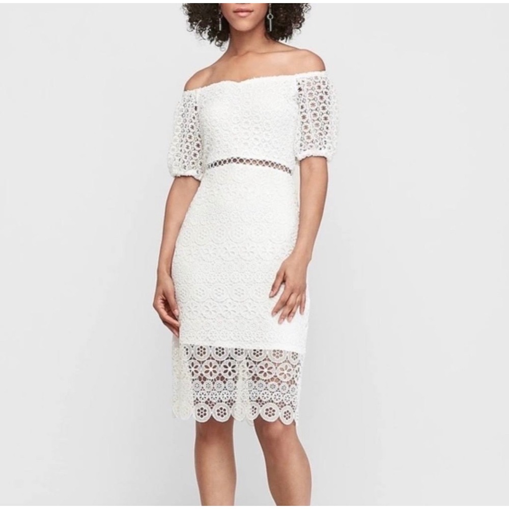 Express Lace Dress XS White Off The Shoulder Midi Romantic Cottagecore NWT